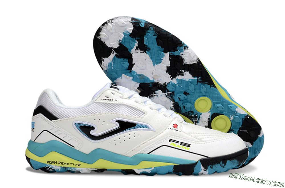 Joma Top Flex TF Artificial Turf Soccer Shoes - White/Jade/Yellow 1