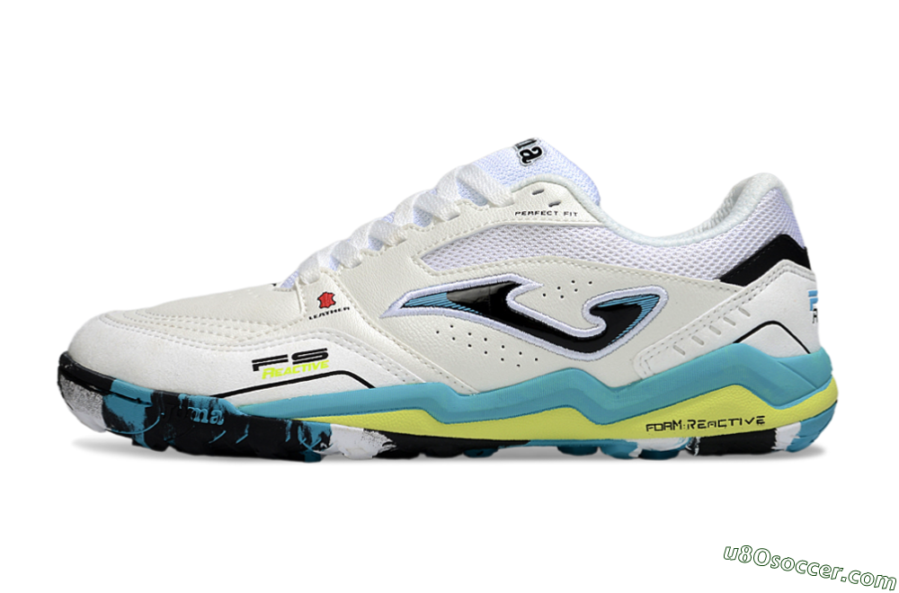 Joma Top Flex TF Artificial Turf Soccer Shoes - White/Jade/Yellow 2