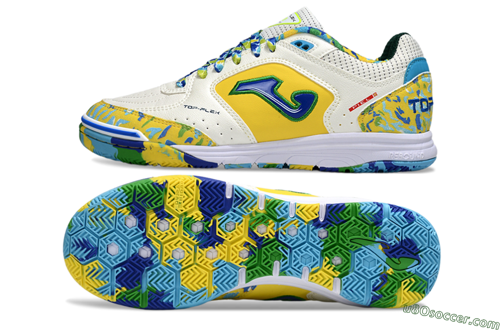Joma Top Flex IC Indoor & Futsal Soccer Shoes - White/Yellow/Blue 0