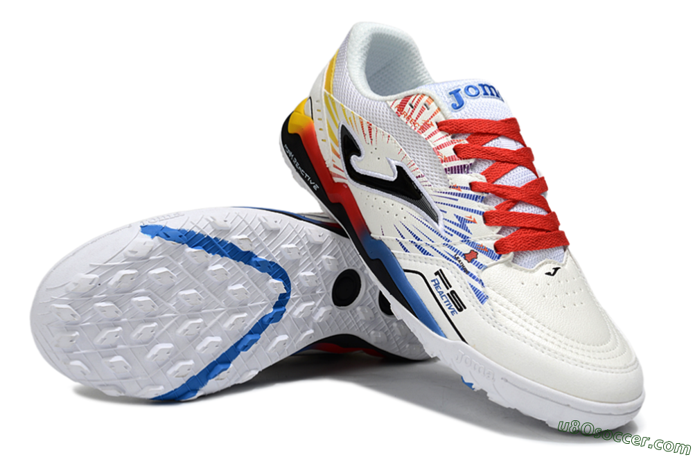 Joma Top Flex TF Artificial Turf Soccer Shoes - White/Blue/Red/Yellow 3