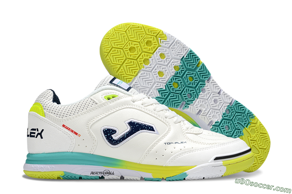 Joma Top Flex IC Indoor & Futsal Soccer Shoes - White/Yellow/Jade 1