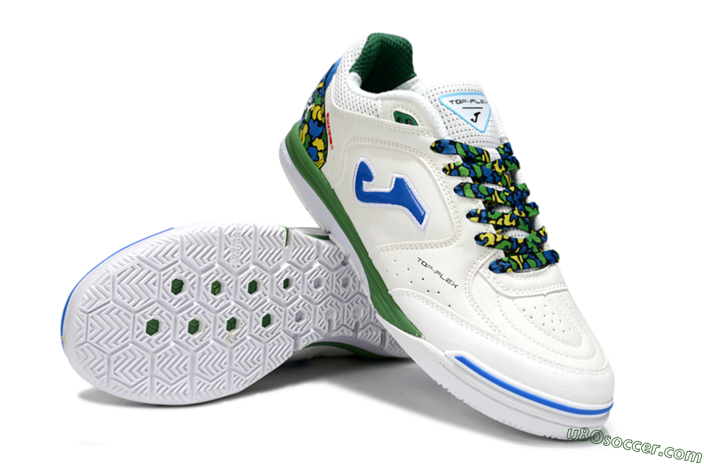 Joma Top Flex IC Indoor & Futsal Soccer Shoes - White/Blue/Green 3