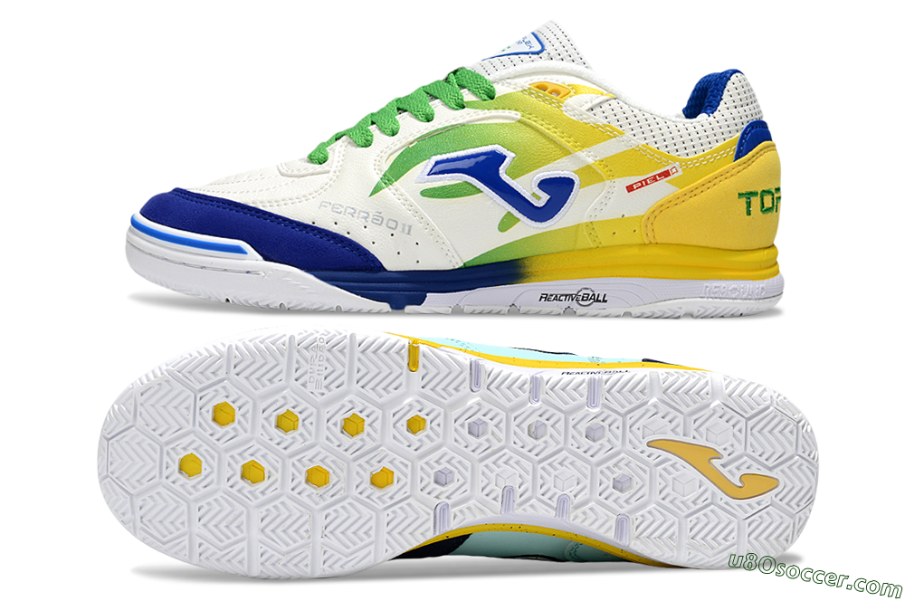 Joma Top Flex IC Indoor & Futsal Soccer Shoes - White/Blue/Yellow 0