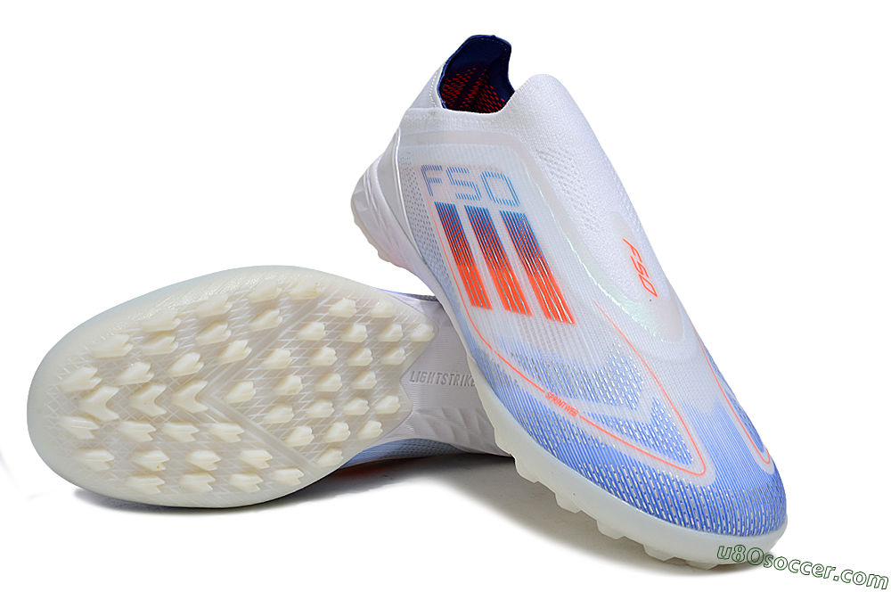 Adidas F50+ Elite Laceless TF Artificial Turf Soccer Shoes - White/Blue/Red 3