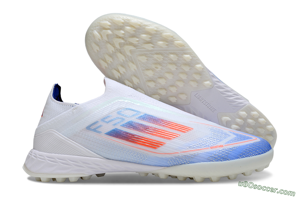 Adidas F50+ Elite Laceless TF Artificial Turf Soccer Shoes - White/Blue/Red 1