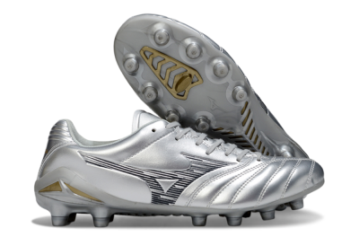 Mizuno Morelia Neo 4 FG Firm Ground Soccer Cleats - Silver/Black/Gold