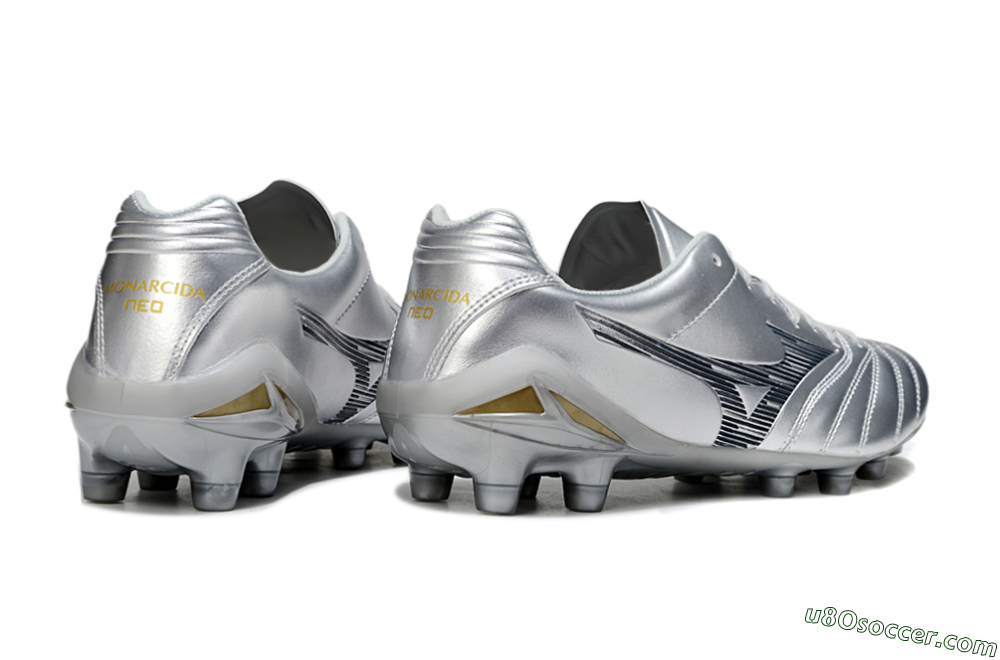 Mizuno Morelia Neo 4 FG Firm Ground Soccer Cleats - Silver/Black/Gold 6
