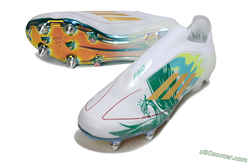 Adidas F50 Elite Laceless SG Soft Ground Soccer Cleats - White/Green/Gold 3