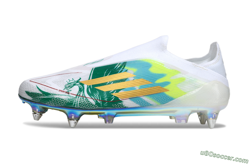 Adidas F50 Elite Laceless SG Soft Ground Soccer Cleats - White/Green/Gold 2