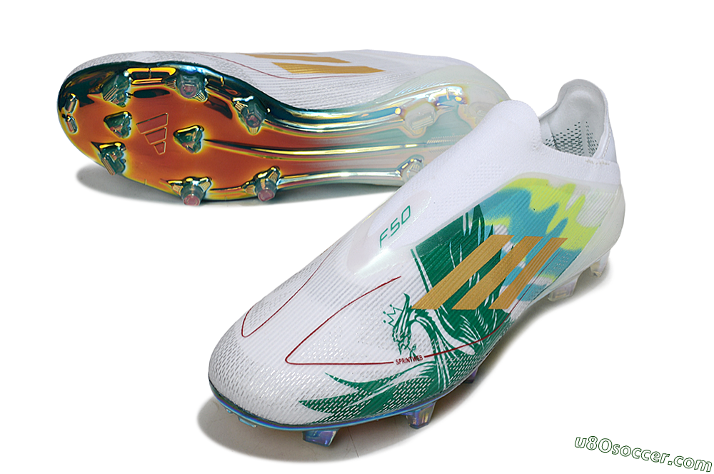 Adidas F50 Elite Laceless FG Firm Ground Soccer Cleats - White/Green/Gold 3