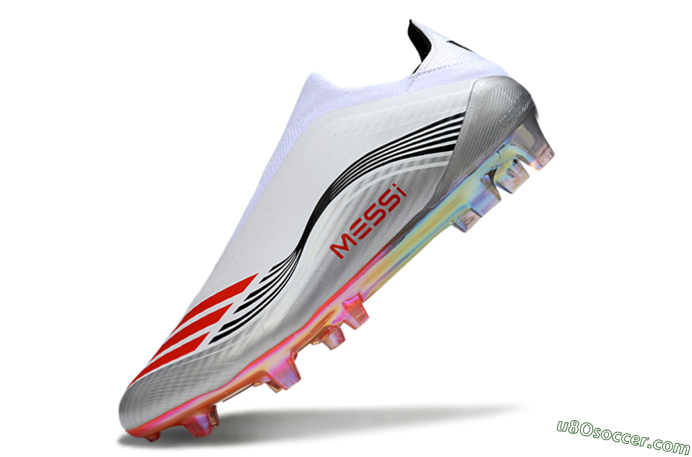Messi x Adidas F50 Pro Laceless FG Firm Ground Soccer Cleats - Silver/White/Red 5