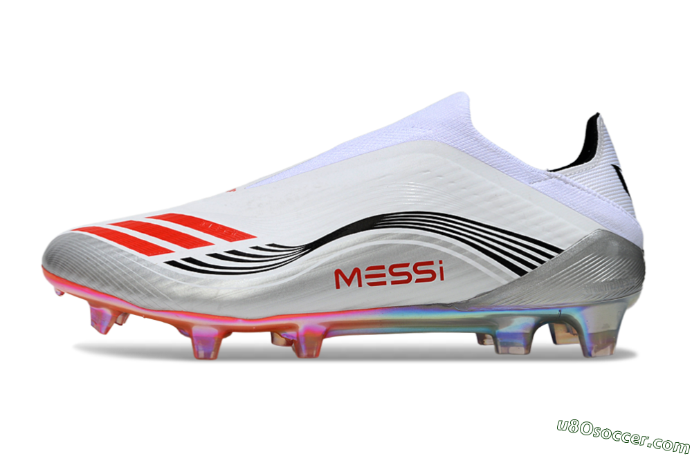 Messi x Adidas F50 Pro Laceless FG Firm Ground Soccer Cleats - Silver/White/Red 2