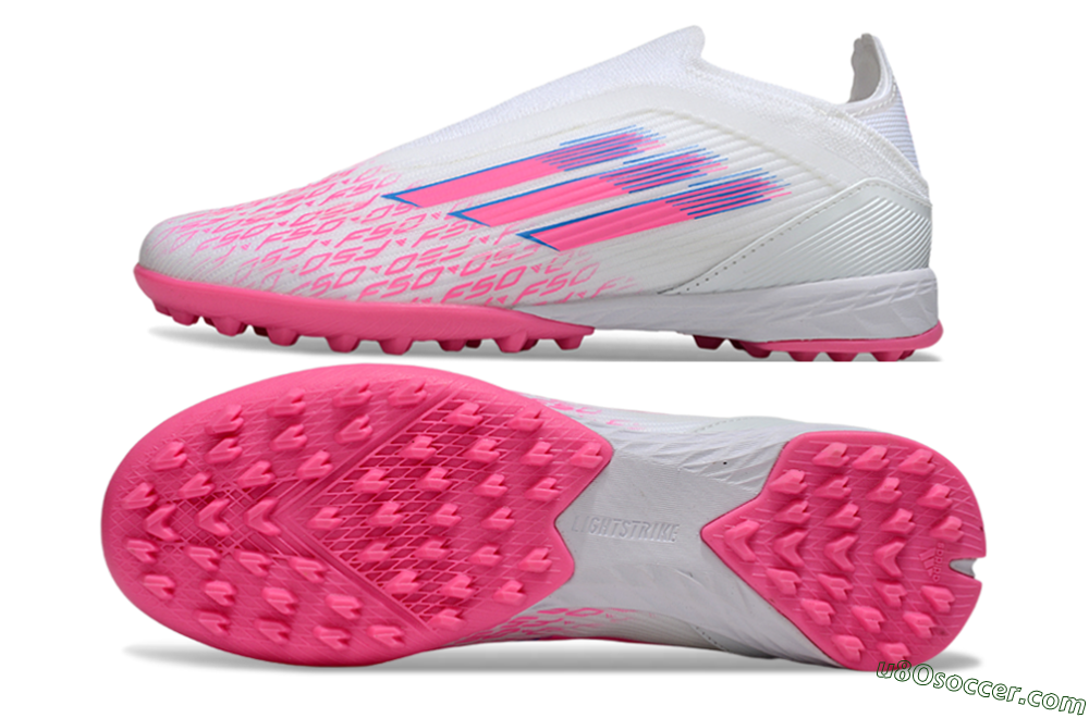 Adidas F50 Elite Laceless TF Artificial Turf Soccer Shoes - White/Neon Pink/Sky Blue 0