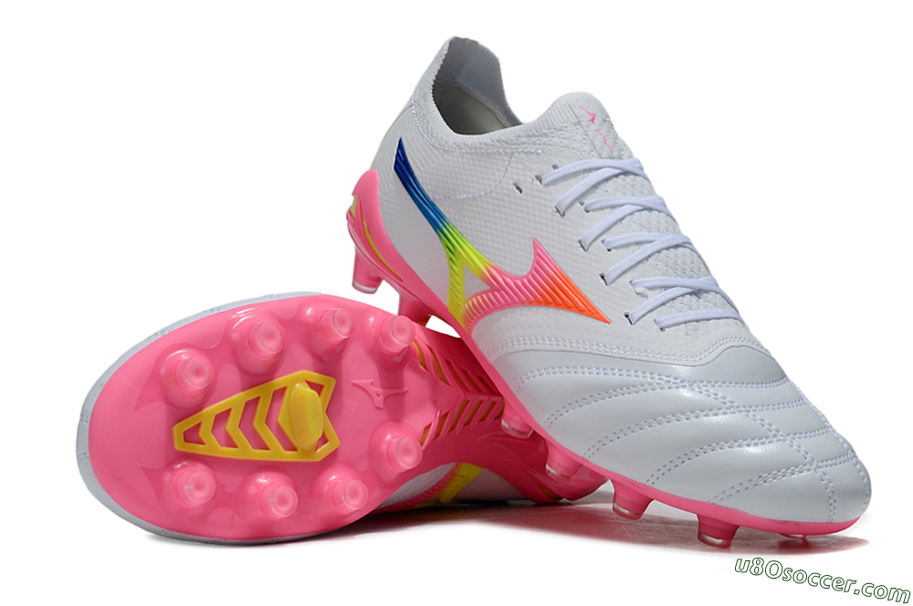 Mizuno Morelia Neo 4 FG Firm Ground Soccer Cleats - White/Vibrant Pink/Neon Yellow 0