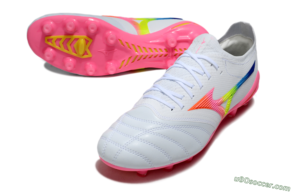 Mizuno Morelia Neo 4 FG Firm Ground Soccer Cleats - White/Vibrant Pink/Neon Yellow 3