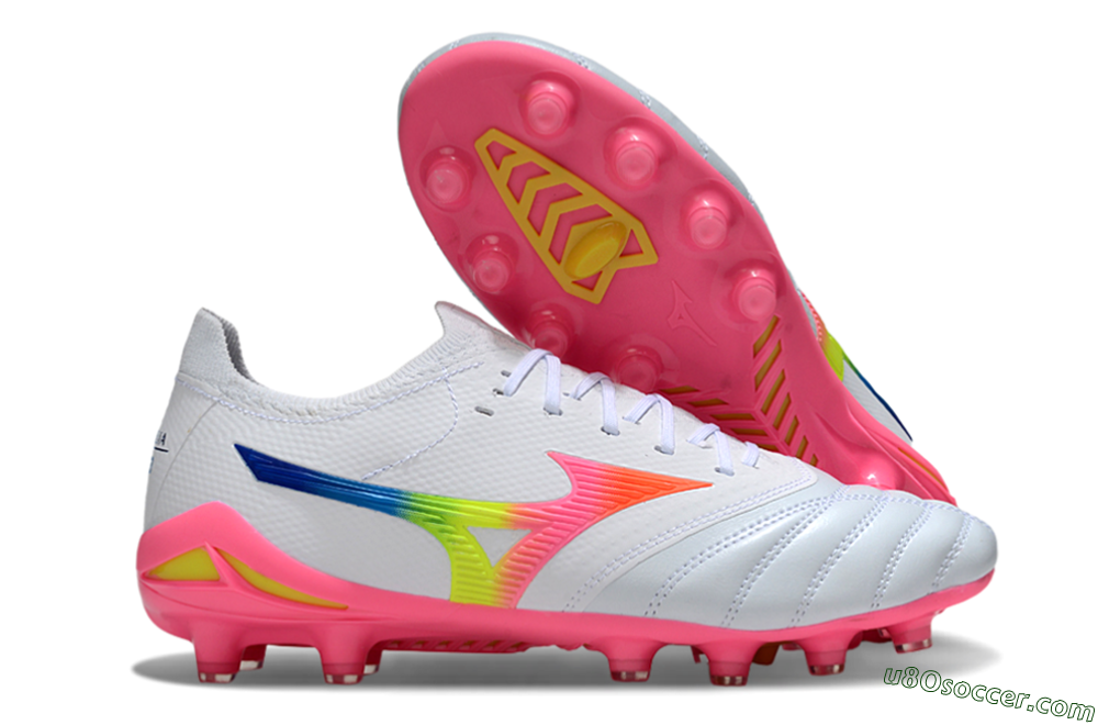 Mizuno Morelia Neo 4 FG Firm Ground Soccer Cleats - White/Vibrant Pink/Neon Yellow 1