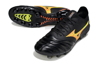 Mizuno Morelia Neo 4 FG Firm Ground Soccer Cleats - Black/Bright Yellow/Fiery Orange