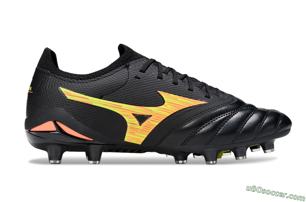 Mizuno Morelia Neo 4 FG Firm Ground Soccer Cleats - Black/Bright Yellow/Fiery Orange 5