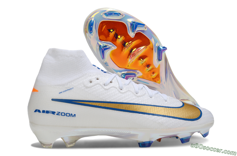 Nike Air Zoom Mercurial Superfly 10 Elite FG Firm Ground Soccer Cleats - White/Metallic Gold/Blue 1