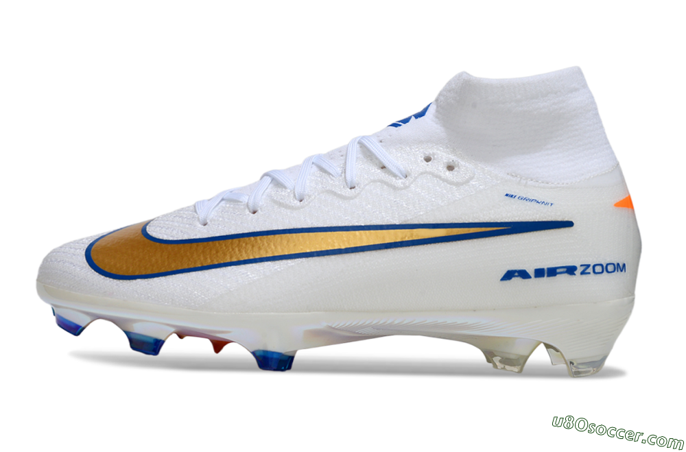 Nike Air Zoom Mercurial Superfly 10 Elite FG Firm Ground Soccer Cleats - White/Metallic Gold/Blue 2
