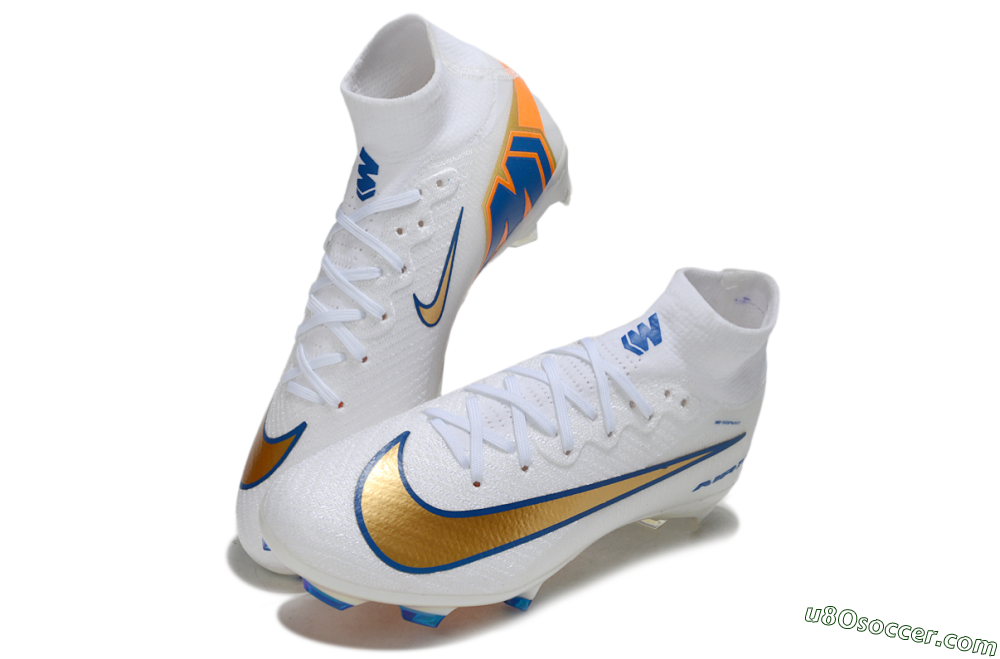 Nike Air Zoom Mercurial Superfly 10 Elite FG Firm Ground Soccer Cleats - White/Metallic Gold/Blue 3
