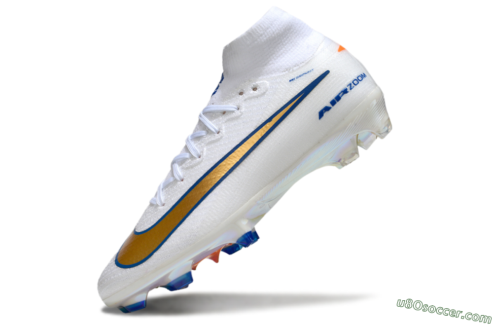 Nike Air Zoom Mercurial Superfly 10 Elite FG Firm Ground Soccer Cleats - White/Metallic Gold/Blue 5