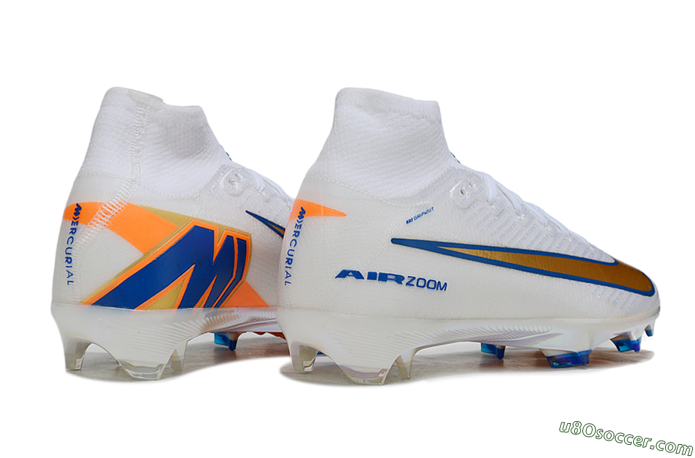 Nike Air Zoom Mercurial Superfly 10 Elite FG Firm Ground Soccer Cleats - White/Metallic Gold/Blue 6