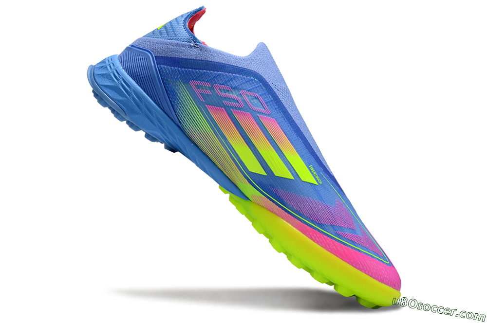 Adidas F50 Pro Laceless TF Artificial Turf Soccer Shoes - Blue/Neon Green/Fluorescent Pink 4