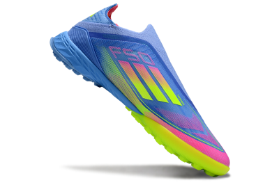 Adidas F50 Pro Laceless TF Artificial Turf Soccer Shoes - Blue/Neon Green/Fluorescent Pink