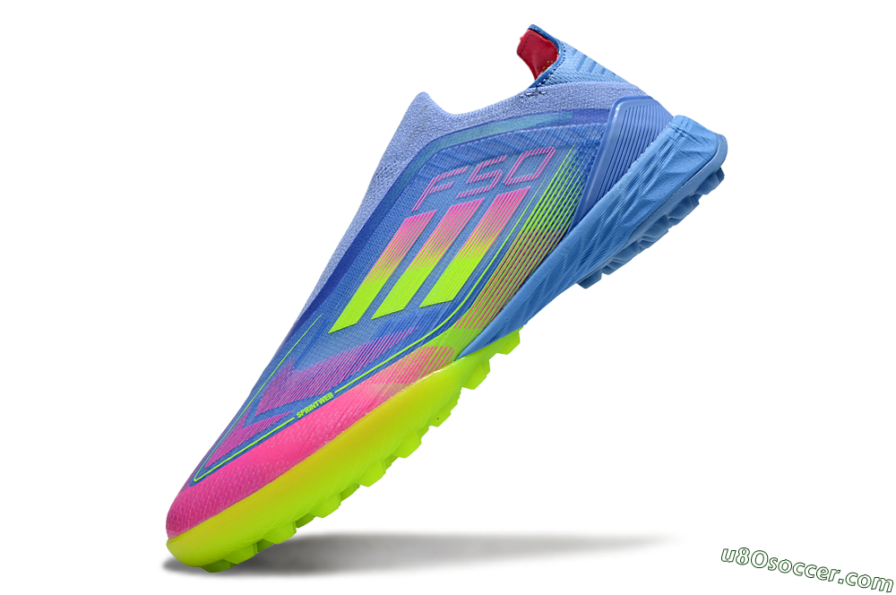 Adidas F50 Pro Laceless TF Artificial Turf Soccer Shoes - Blue/Neon Green/Fluorescent Pink 5