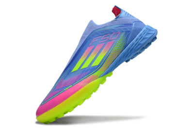 Adidas F50 Pro Laceless TF Artificial Turf Soccer Shoes - Blue/Neon Green/Fluorescent Pink