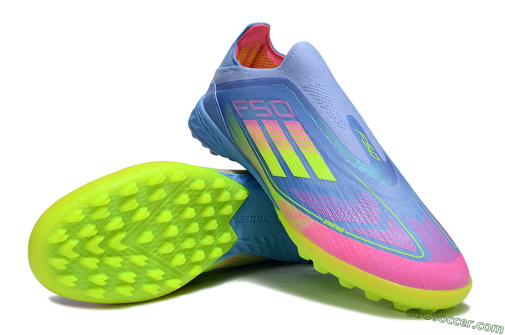Adidas F50 Pro Laceless TF Artificial Turf Soccer Shoes - Blue/Neon Green/Fluorescent Pink 3