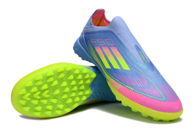Adidas F50 Pro Laceless TF Artificial Turf Soccer Shoes - Blue/Neon Green/Fluorescent Pink