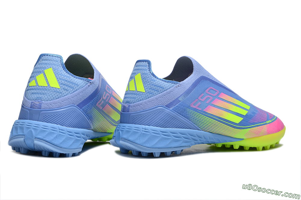 Adidas F50 Pro Laceless TF Artificial Turf Soccer Shoes - Blue/Neon Green/Fluorescent Pink 6