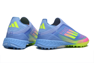 Adidas F50 Pro Laceless TF Artificial Turf Soccer Shoes - Blue/Neon Green/Fluorescent Pink