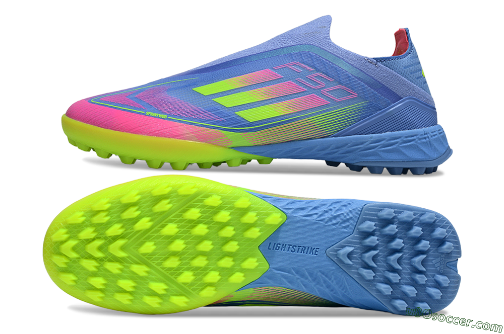 Adidas F50 Pro Laceless TF Artificial Turf Soccer Shoes - Blue/Neon Green/Fluorescent Pink 0
