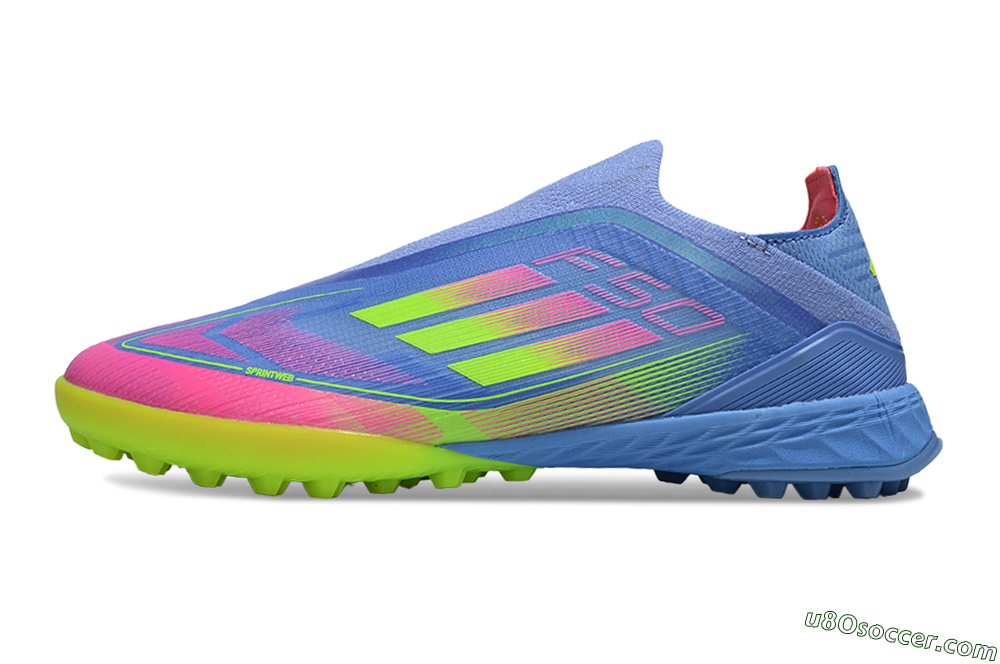 Adidas F50 Pro Laceless TF Artificial Turf Soccer Shoes - Blue/Neon Green/Fluorescent Pink 2