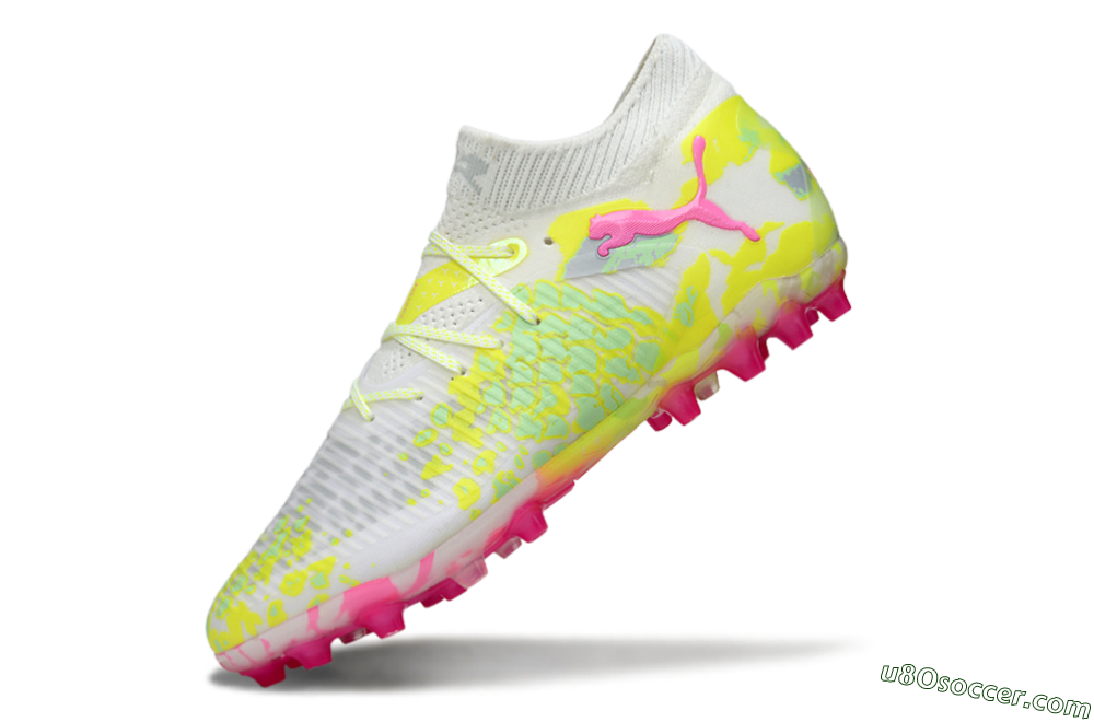 Puma Future 8 Ultimate MG Multi Ground Soccer Cleats - White/Neon Yellow/Pink Sparkle 5