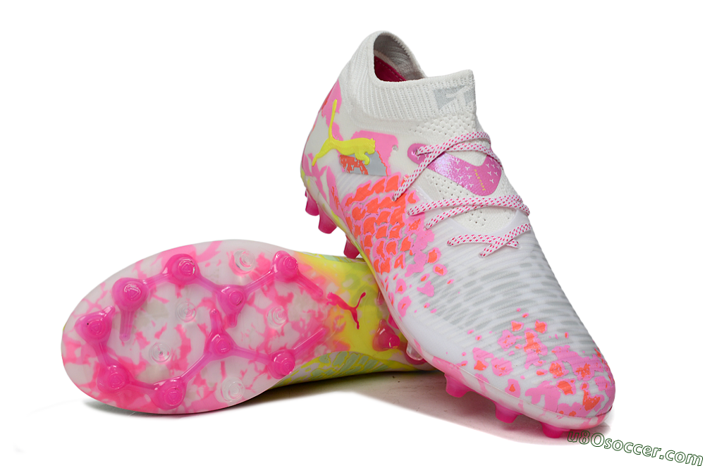 Puma Future 8 Ultimate MG Multi Ground Soccer Cleats - White/Neon Yellow/Pink Sparkle 3