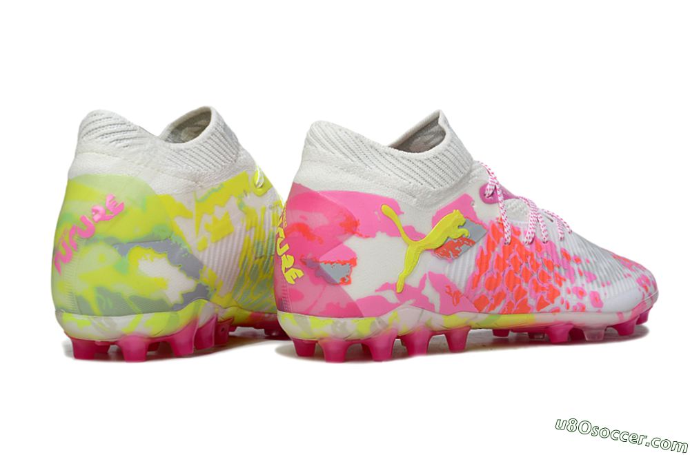 Puma Future 8 Ultimate MG Multi Ground Soccer Cleats - White/Neon Yellow/Pink Sparkle 6
