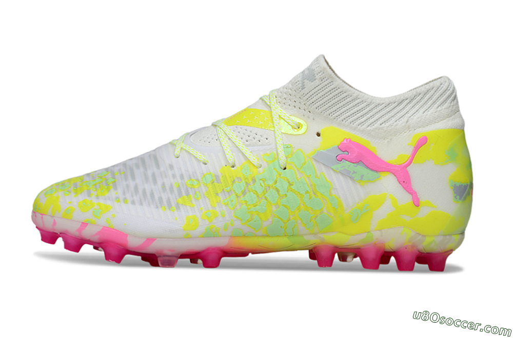 Puma Future 8 Ultimate MG Multi Ground Soccer Cleats - White/Neon Yellow/Pink Sparkle 2