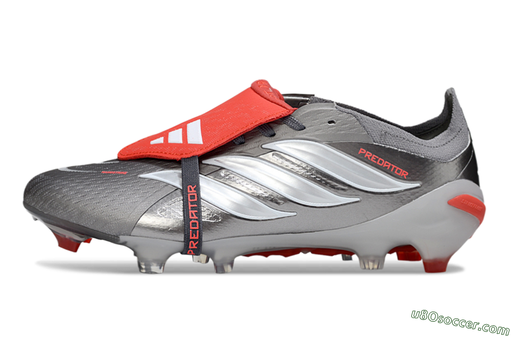 Adidas Predator 26 Elite Fold-Over Tongue FG Firm Ground Soccer Cleats - Gray/Bright Red/Metallic Silver 2