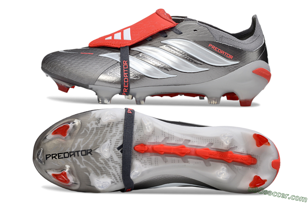 Adidas Predator 26 Elite Fold-Over Tongue FG Firm Ground Soccer Cleats - Gray/Bright Red/Metallic Silver 0