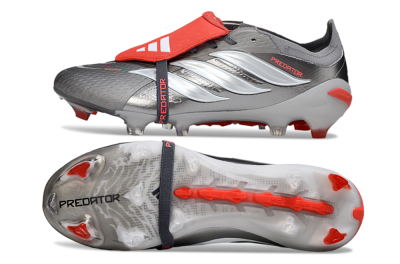 Adidas Predator 26 Elite Fold-Over Tongue FG Firm Ground Soccer Cleats - Gray/Bright Red/Metallic Silver