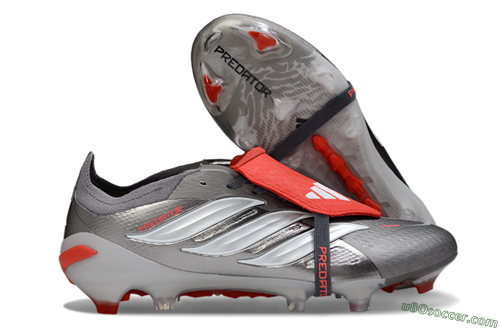 Adidas Predator 26 Elite Fold-Over Tongue FG Firm Ground Soccer Cleats - Gray/Bright Red/Metallic Silver 1