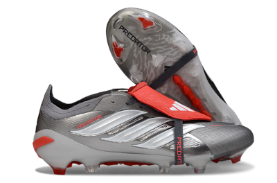 Adidas Predator 26 Elite Fold-Over Tongue FG Firm Ground Soccer Cleats - Gray/Bright Red/Metallic Silver
