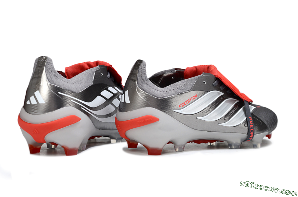 Adidas Predator 26 Elite Fold-Over Tongue FG Firm Ground Soccer Cleats - Gray/Bright Red/Metallic Silver 6