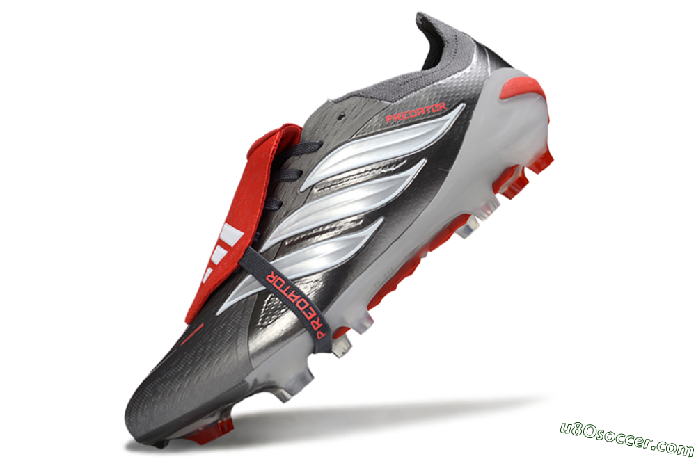 Adidas Predator 26 Elite Fold-Over Tongue FG Firm Ground Soccer Cleats - Gray/Bright Red/Metallic Silver 5