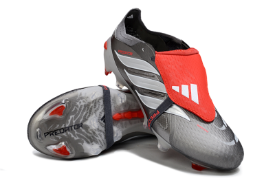 Adidas Predator 26 Elite Fold-Over Tongue FG Firm Ground Soccer Cleats - Gray/Bright Red/Metallic Silver