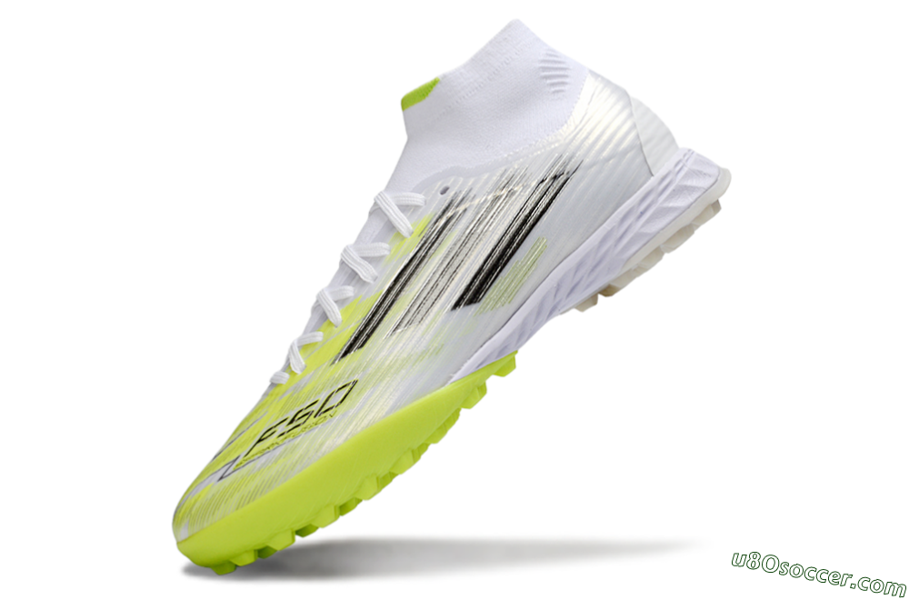 Adidas F50 Pro Mid TF Artificial Turf Soccer Shoes - White/Electric Lime/Neon Yellow 5